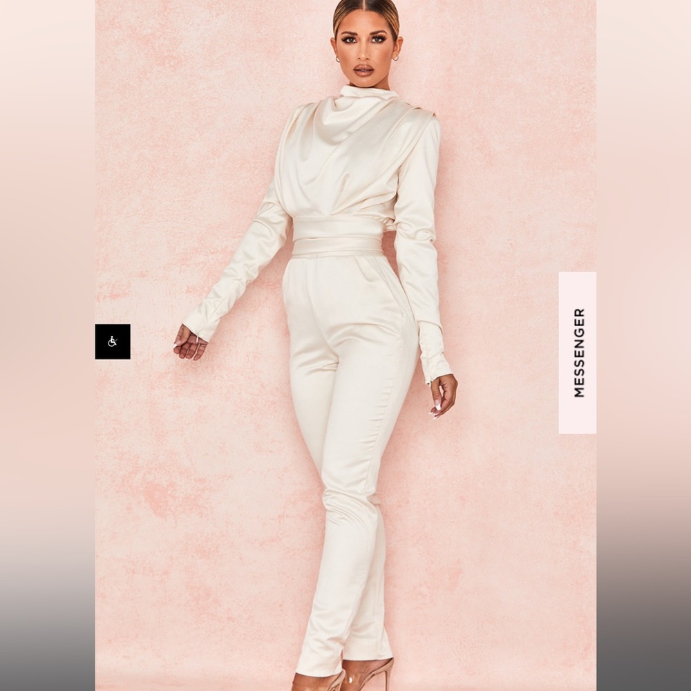 House of CB Gabrielle Ivory Draped Ruched Satin Jumpsuit - Picture 7 of 12